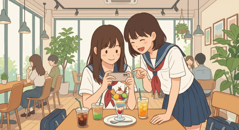 写真を撮ってはしゃぐ高校生