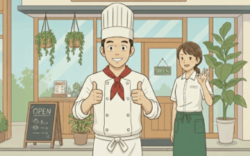 飲食店前でにっこり